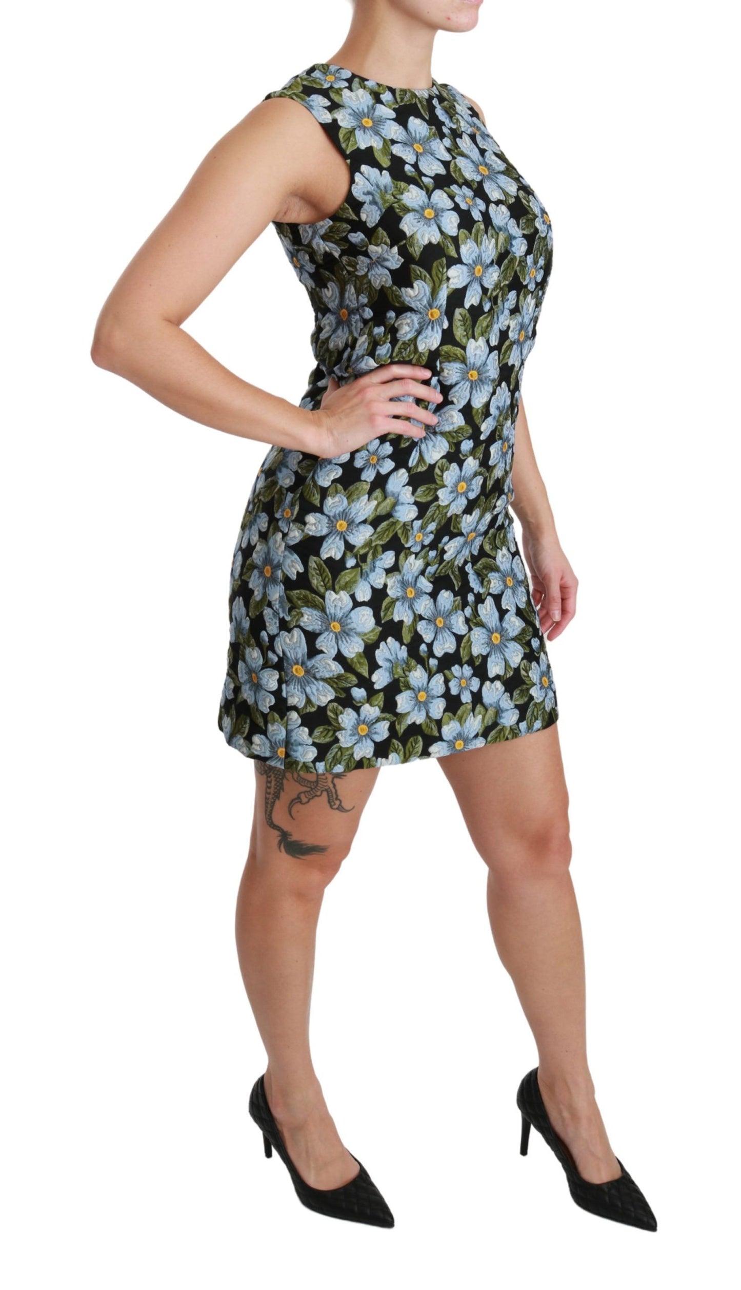 Dolce & Gabbana Blaues Brokatkleid mit Blumenmuster Shift-Kleid