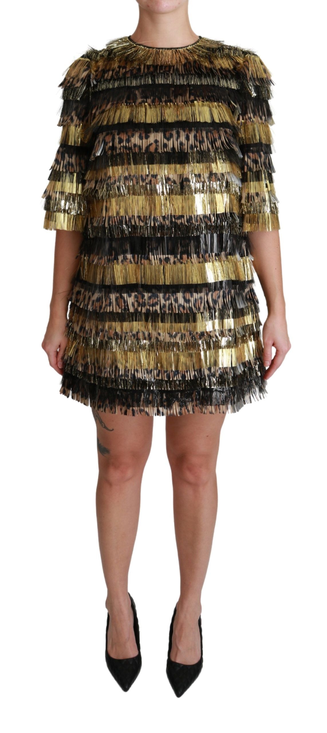 Dolce & Gabbana Polyester Schwarz Gold Leopard Shift Minikleid