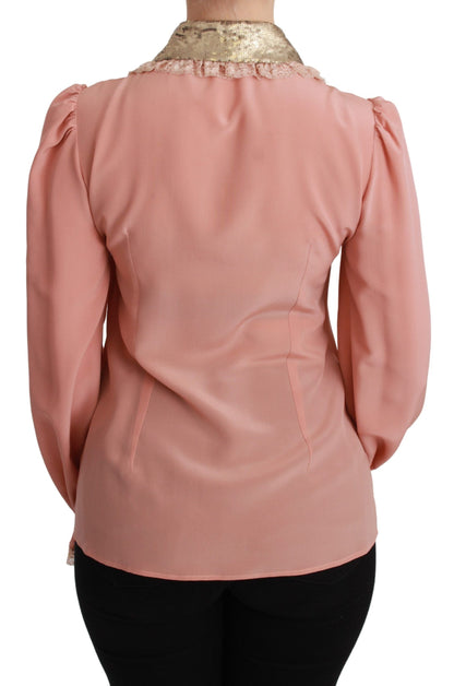 Dolce & Gabbana Rosa Seide Gold Pailletten Spitze Bluse Shirt