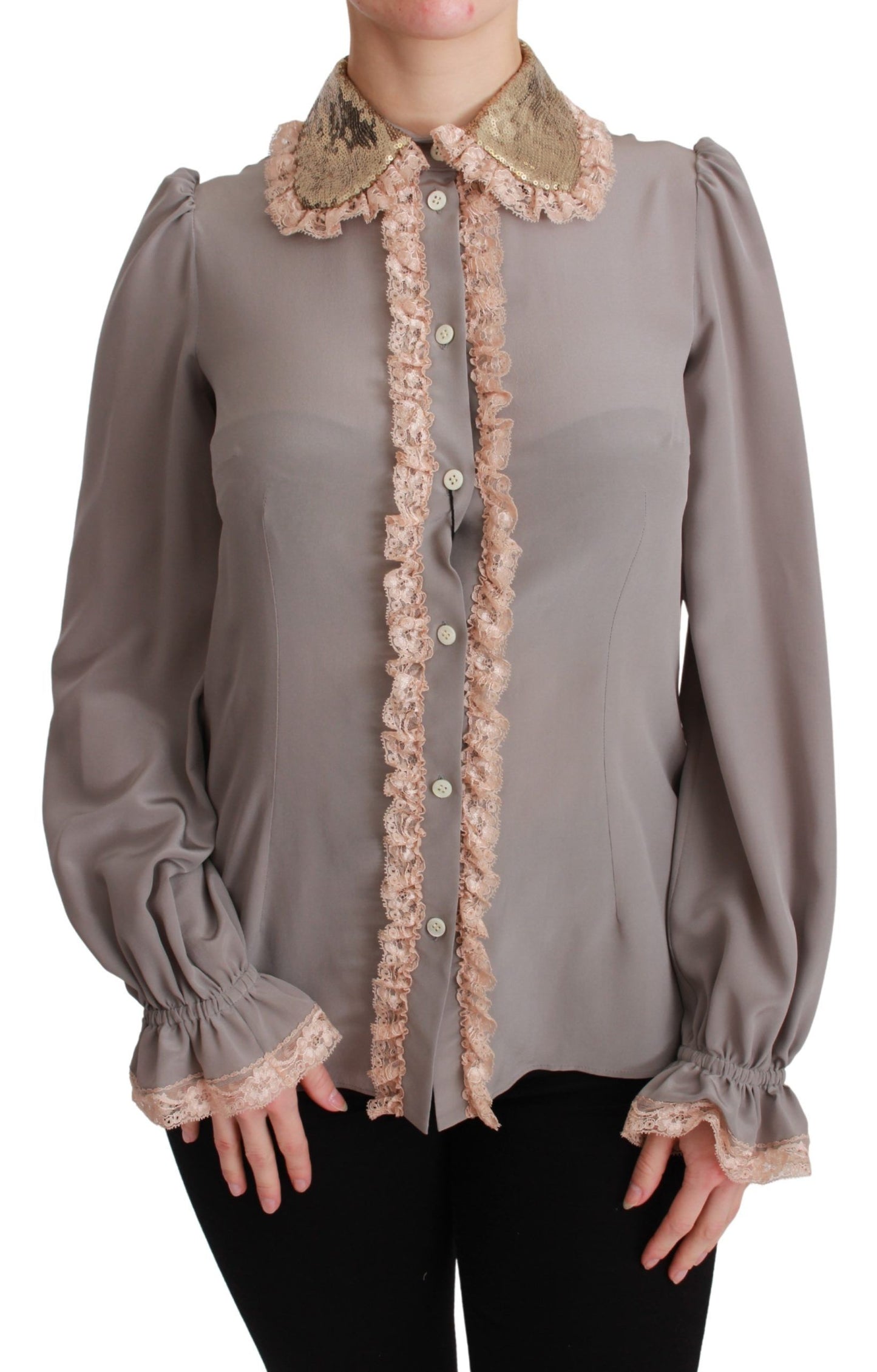Dolce & Gabbana Graue Seide Gold Pailletten Spitze Bluse Hemd