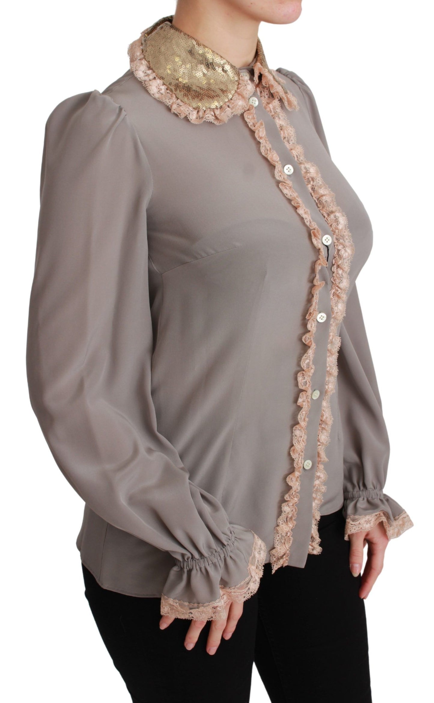 Dolce & Gabbana Graue Seide Gold Pailletten Spitze Bluse Hemd