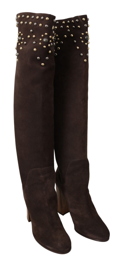 Dolce & Gabbana Braunes Wildleder Nieten Kniehohe Schuhe Stiefel