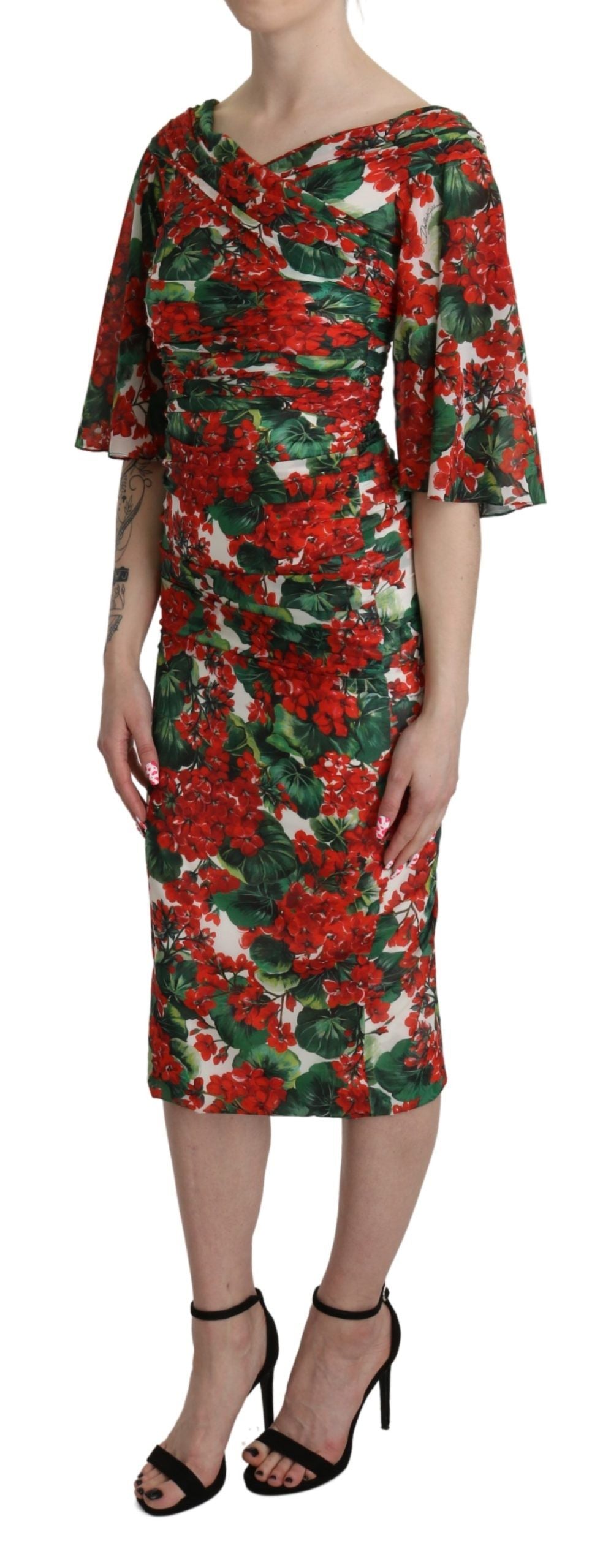 Dolce & Gabbana Rotes geblümtes Midi-Stretchkleid aus Seide