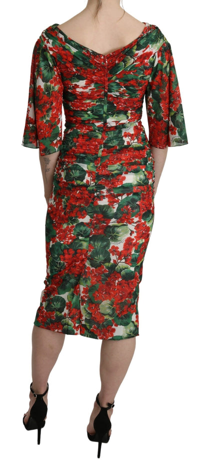 Dolce & Gabbana Rotes geblümtes Midi-Stretchkleid aus Seide