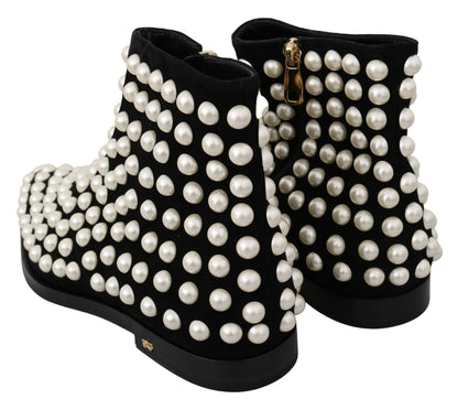 Dolce & Gabbana Schwarz Wildleder Perlen Nieten Stiefel Schuhe