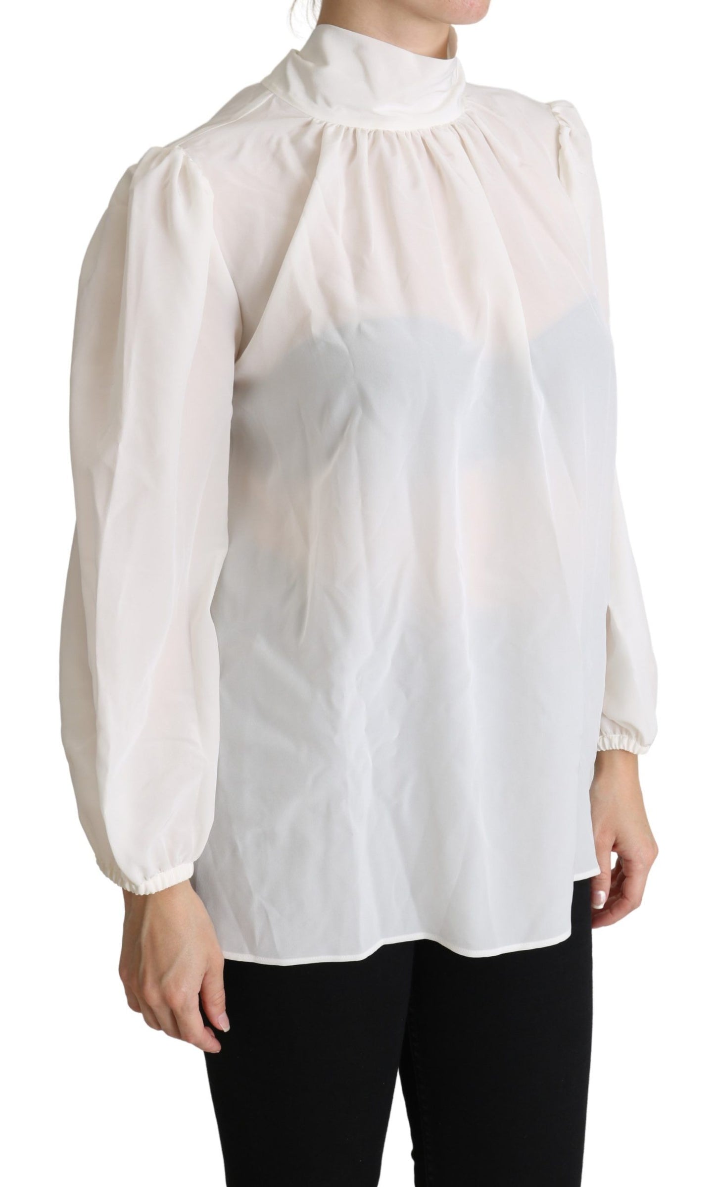 Dolce & Gabbana Weißes Seiden Pussy Bow Langarmtop Bluse