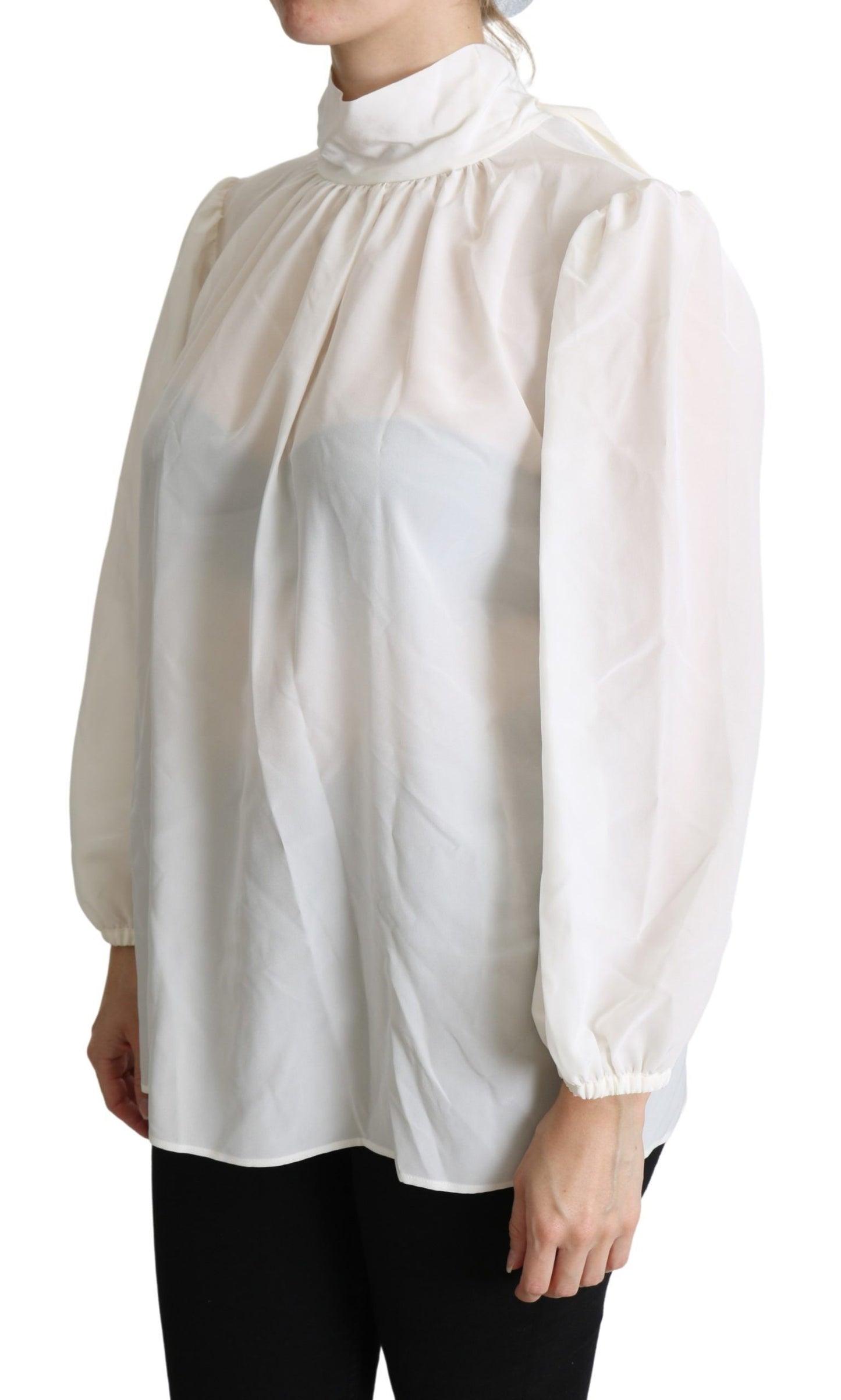 Dolce & Gabbana Weißes Seiden Pussy Bow Langarmtop Bluse