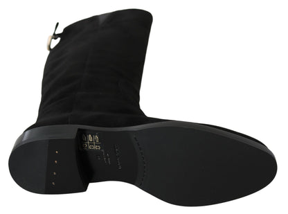 Dolce & Gabbana Schwarze kniehohe flache Wildlederstiefel Schuhe