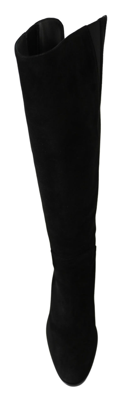 Dolce & Gabbana Schwarze kniehohe flache Wildlederstiefel Schuhe