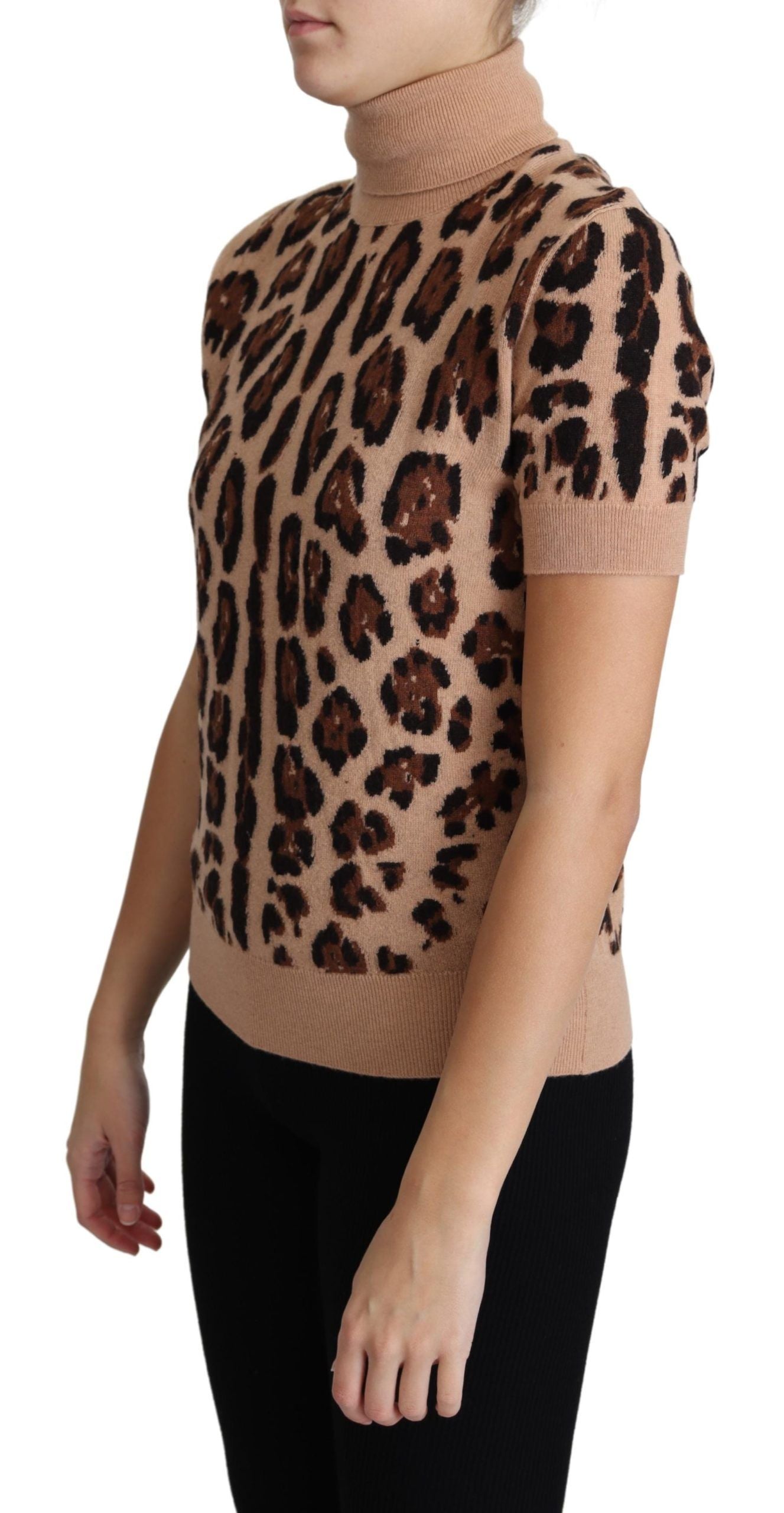 Dolce & Gabbana Beigefarbener Leopardenprint-Rollkragenpullover aus Schurwolle