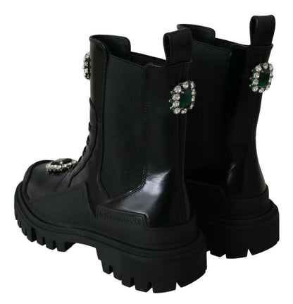 Dolce & Gabbana Schwarze Leder-Kristall-Kampfstiefel