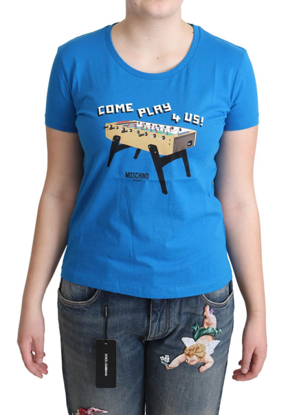 Moschino Blaues Baumwoll-T-Shirt Come Play 4 Us Print