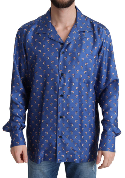 Dolce & Gabbana Blaues Strandkorb-Schirmchen Print Seidenhemd