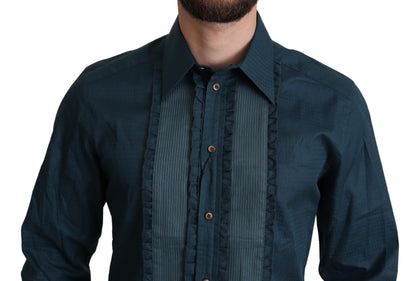 Dolce &amp; Gabbana Elegant blue tuxedo shirt with ruffles