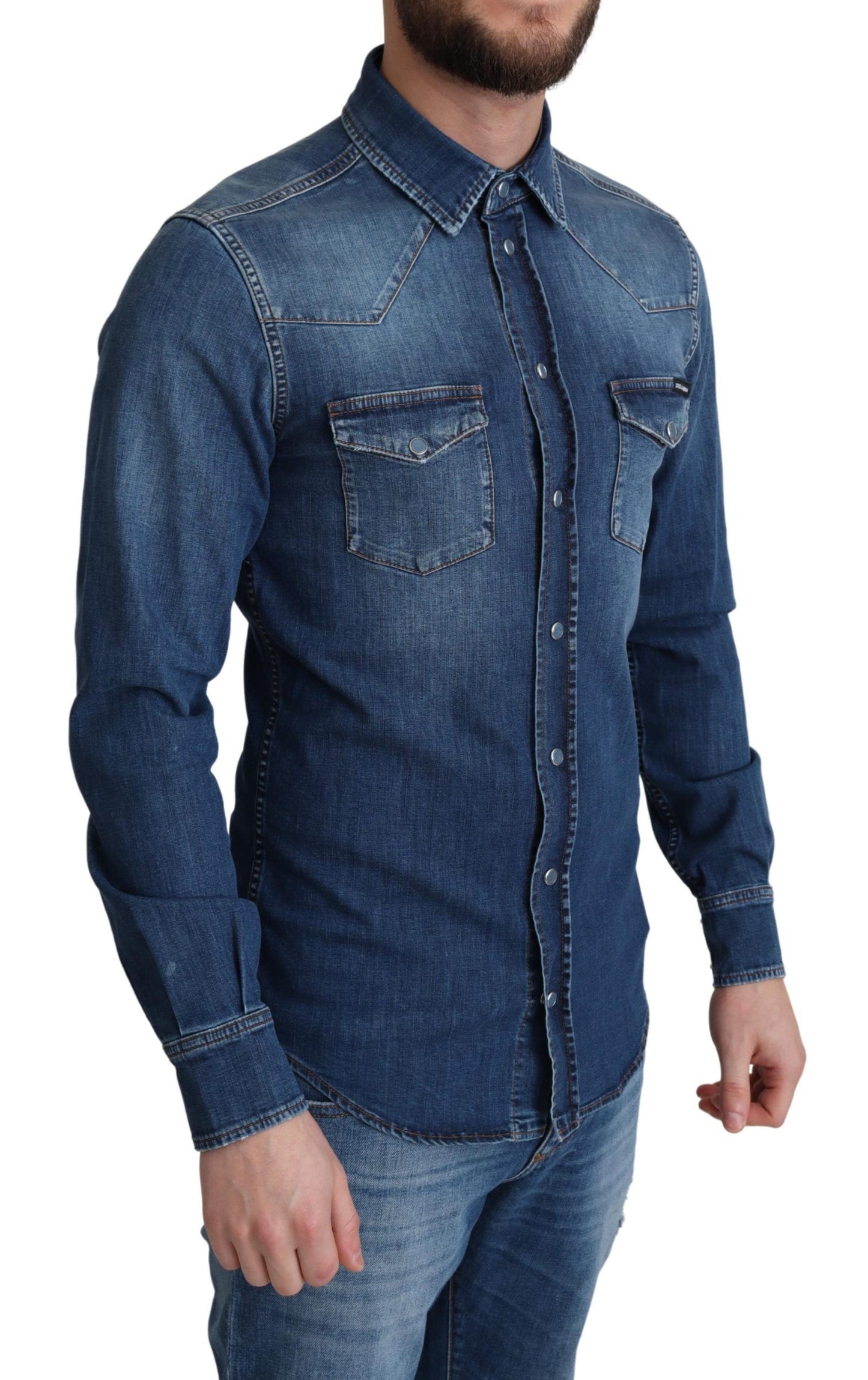 Dolce & Gabbana Blaues Baumwoll-Stretchhemd mit langen Ärmeln aus Denim