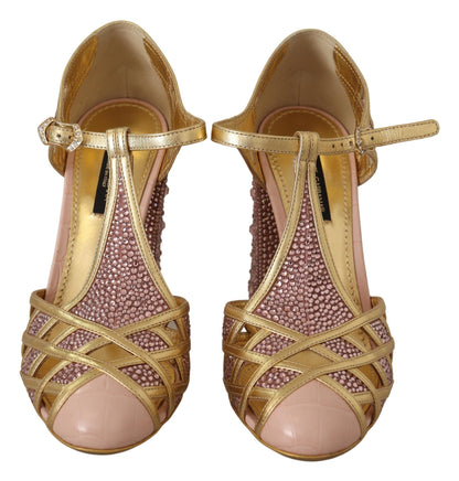 Dolce & Gabbana Rosa Gold Leder Kristall Pumps T-Riemen Schuhe