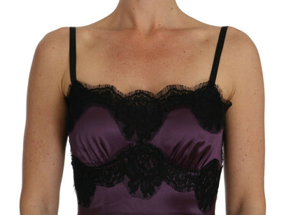 Dolce & Gabbana Lila Seidenstretchkleid mit schwarzer Spitze in A-Linie