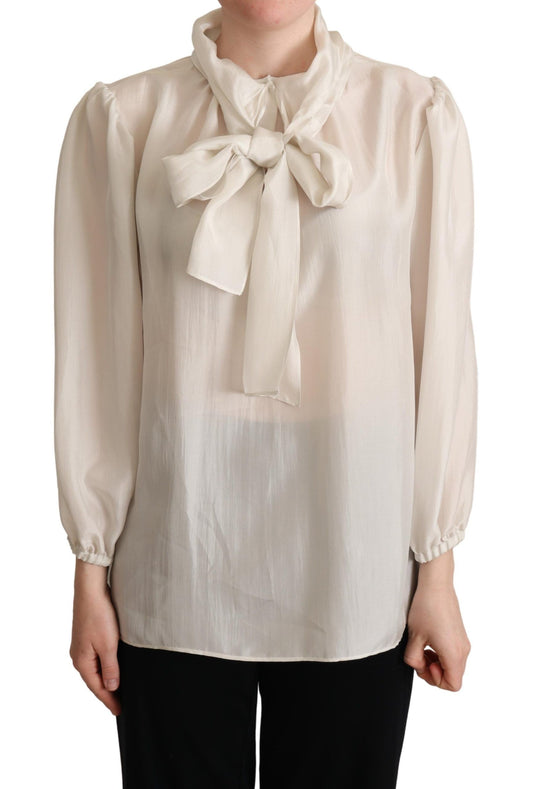 Dolce & Gabbana Hellgraues Hemd mit Ascot-Kragen Seidenbluse Top