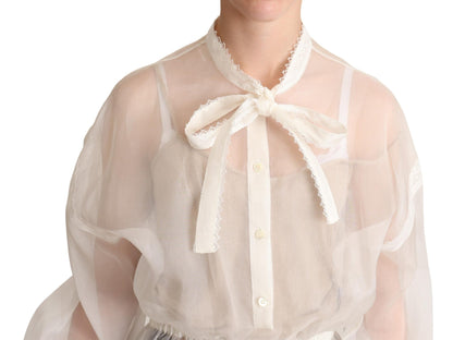 Dolce & Gabbana Weißes Blusentop mit Ascot-Kragen und langen Ärmeln