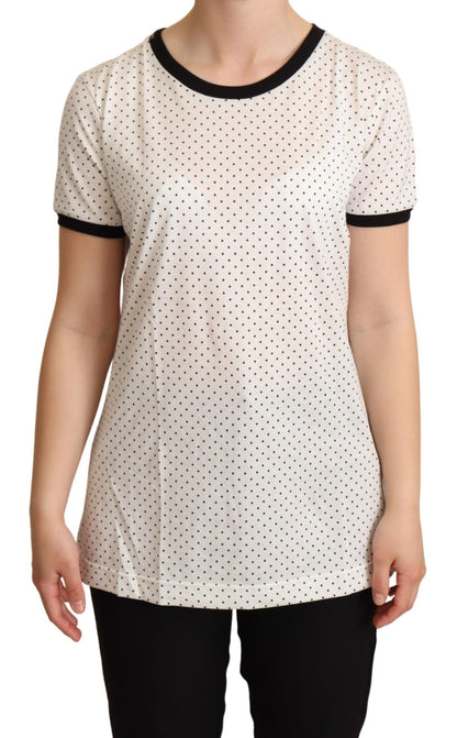 Dolce & Gabbana Weißes Baumwoll-T-Shirt mit gepunktetem Rundhalsausschnitt