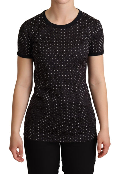 Dolce & Gabbana Schwarzes gepunktetes Baumwoll-T-Shirt mit Rundhalsausschnitt