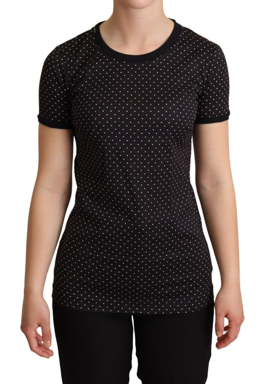 Dolce & Gabbana Schwarzes gepunktetes Baumwoll-T-Shirt mit Rundhalsausschnitt