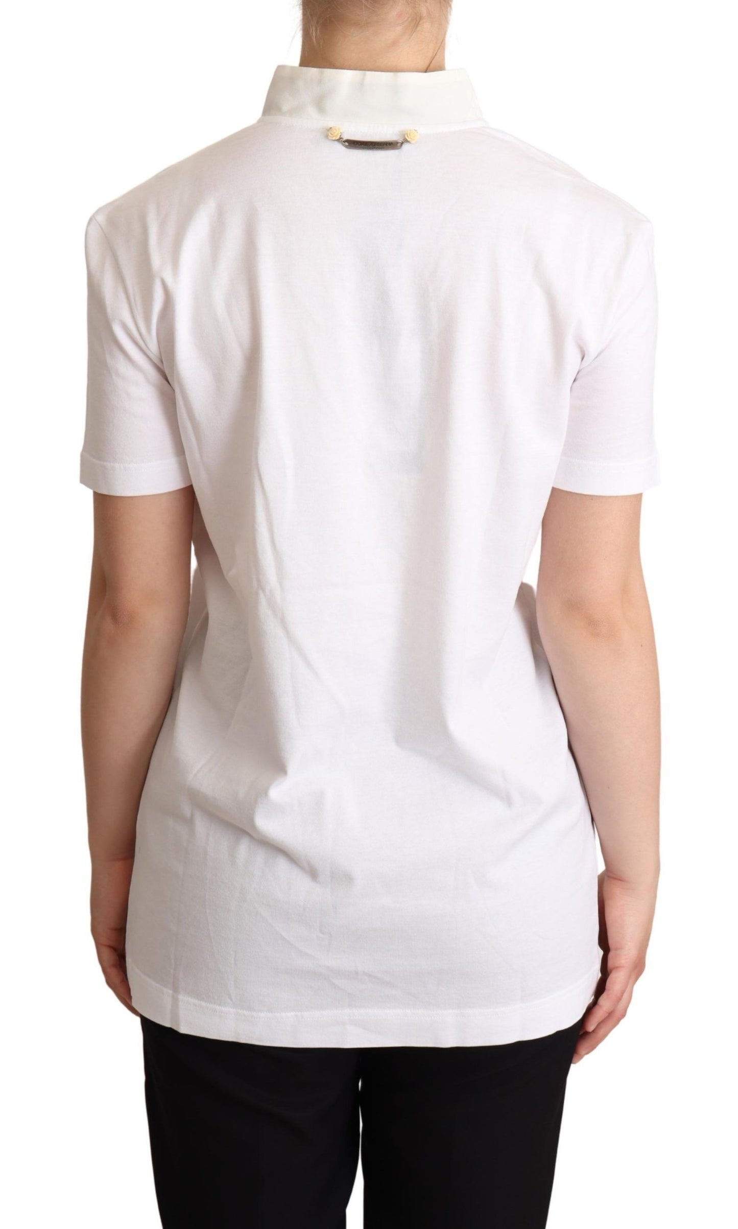 Dolce & Gabbana Weißes T-Shirt mit Ascot-Kragen aus Baumwoll-Seidenmischung