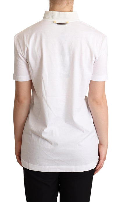 Dolce & Gabbana Weißes T-Shirt mit Ascot-Kragen aus Baumwoll-Seidenmischung