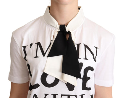 Dolce & Gabbana Weißes T-Shirt mit Ascot-Kragen aus Baumwoll-Seidenmischung