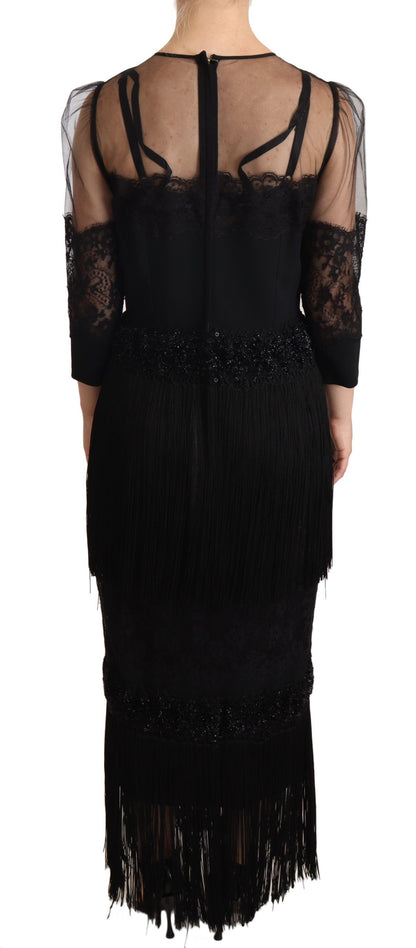 Dolce & Gabbana Schwarzes Maxikleid aus transparenter, floraler Spitze mit Kristall