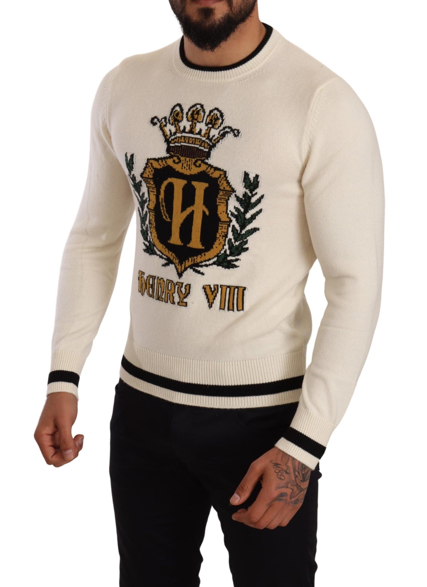 Dolce & Gabbana Weißer Pullover aus Kaschmir mit Wappen
