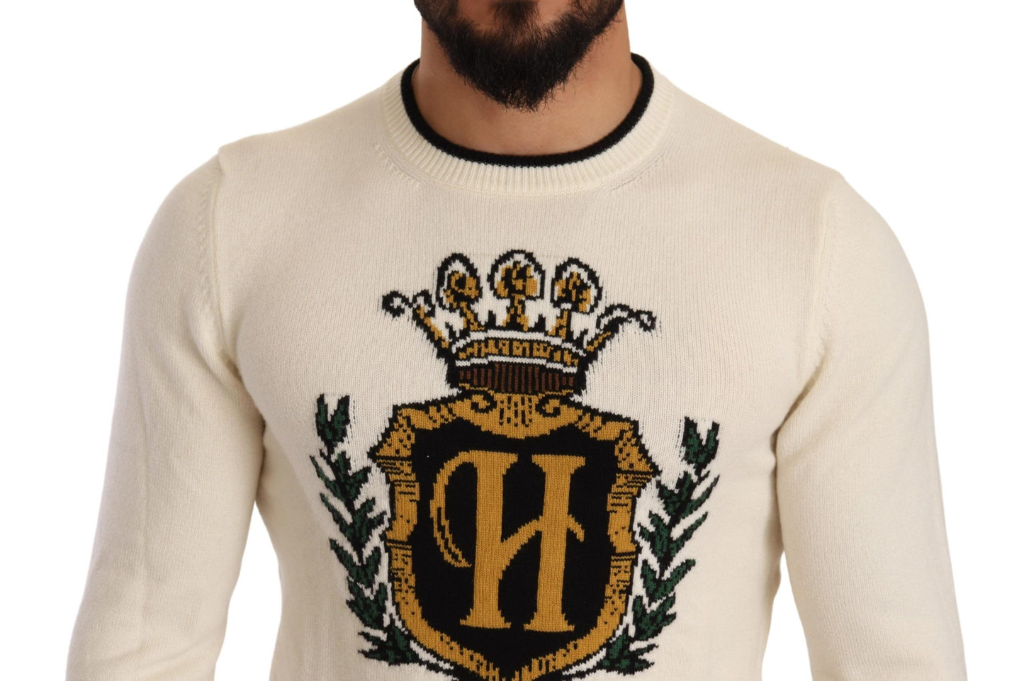 Dolce & Gabbana Weißer Pullover aus Kaschmir mit Wappen
