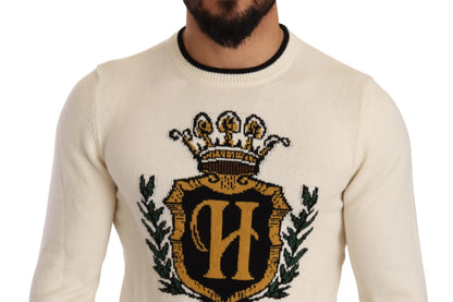 Dolce & Gabbana Weißer Pullover aus Kaschmir mit Wappen