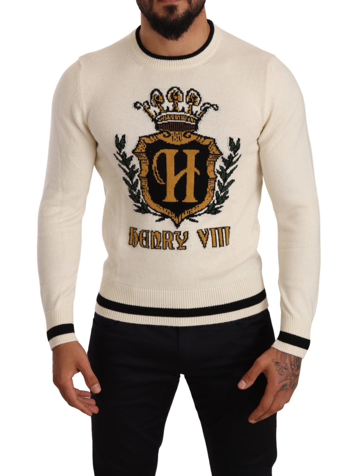 Dolce & Gabbana Weißer Pullover aus Kaschmir mit Wappen