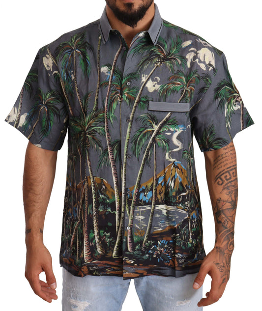Dolce & Gabbana Graues Leinenhemd mit Tropenprint und Kragen