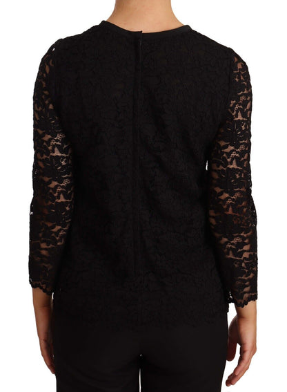 Dolce & Gabbana Schwarzes Nylonblusentop mit floraler Spitze