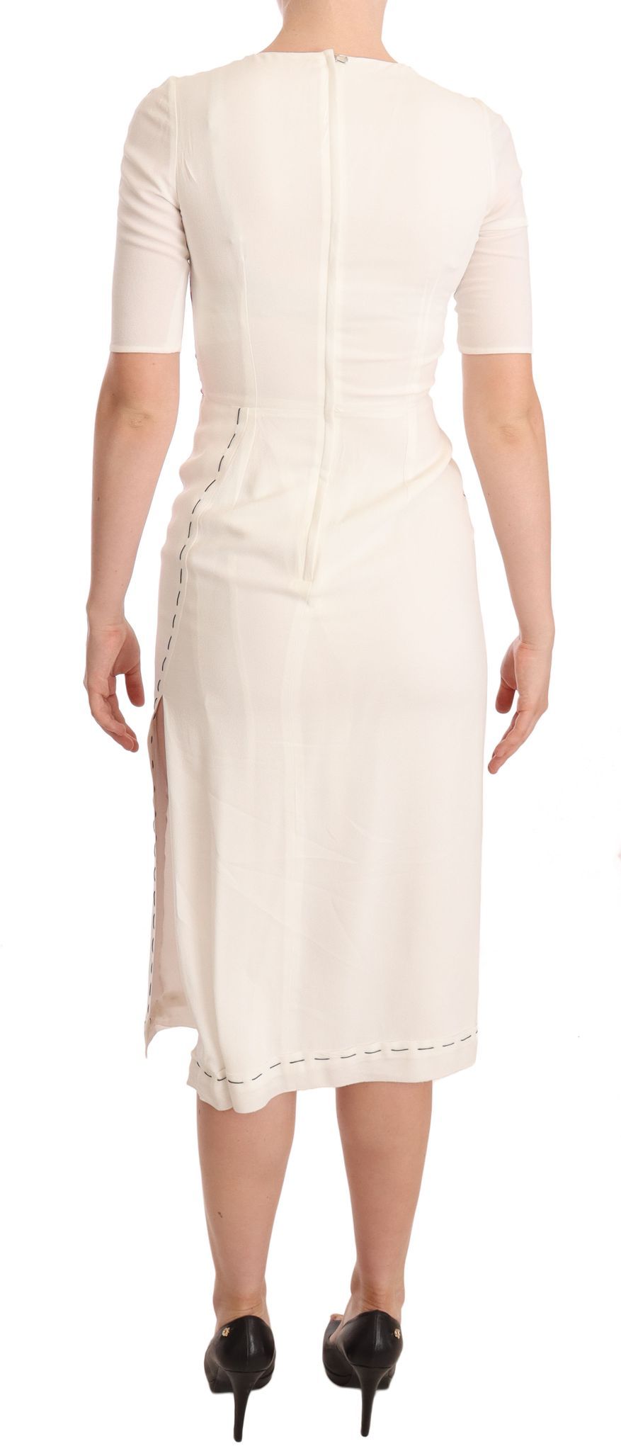 Dolce & Gabbana Weißes Midikleid aus Crêpe mit Blumenmuster und Schlitz