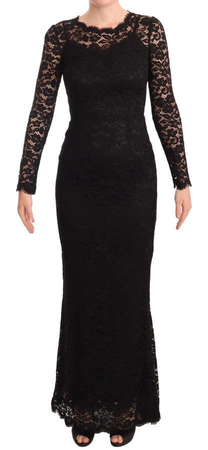 Dolce & Gabbana Schwarzes Baumwollspitzenkleid mit langen Ärmeln und Meerjungfrau