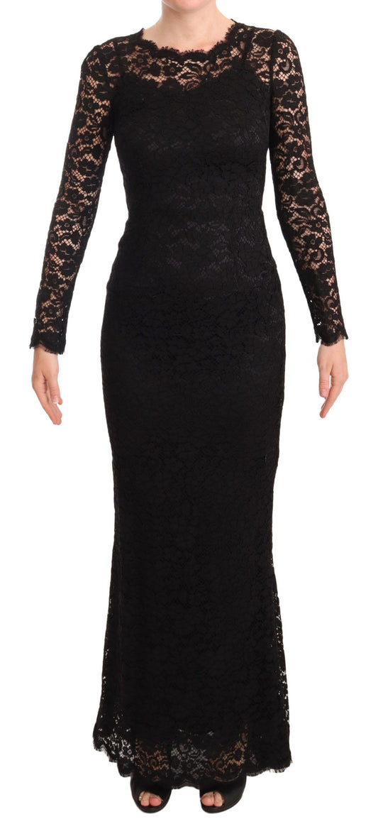Dolce & Gabbana Schwarzes Baumwollspitzenkleid mit langen Ärmeln und Meerjungfrau