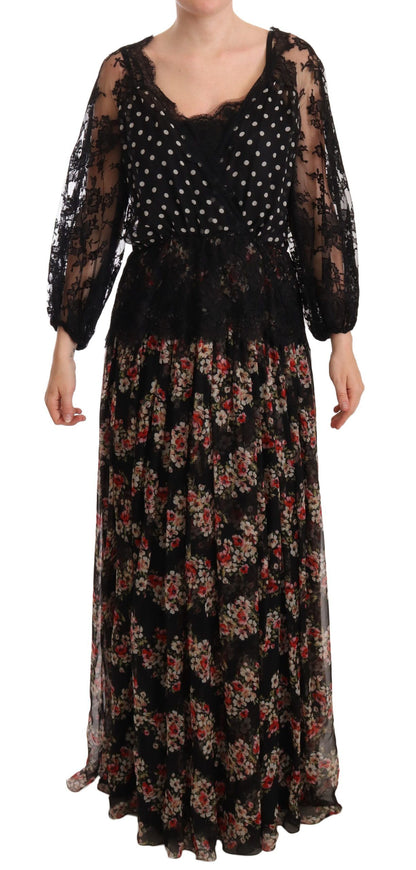 Dolce & Gabbana Schwarzes Maxi-Capri-Kleid mit geblümter Spitze