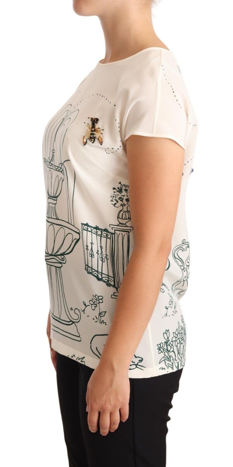 Dolce & Gabbana T-Shirt-Bluse aus weißer Seide mit Gartenbrunnen