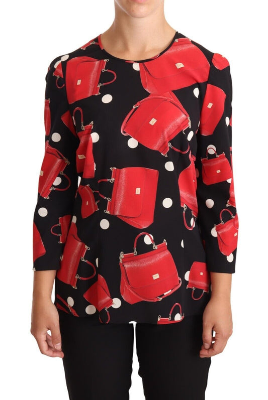 Dolce & Gabbana Schwarzes Sicily Bag Print Seidenstretch-Top Bluse