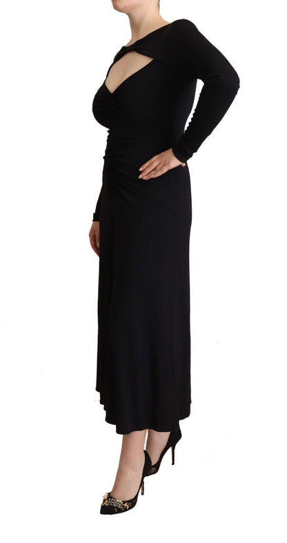 PINKO Schwarzes Nylon Stretch Langarm Maxikleid mit tiefem V-Ausschnitt
