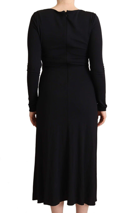 PINKO Schwarzes Nylon Stretch Langarm Maxikleid mit tiefem V-Ausschnitt