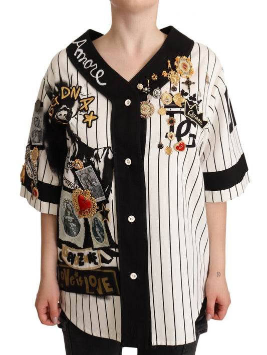 Dolce & Gabbana Weißes Baumwollhemd mit Kristall-Anhängern Amore