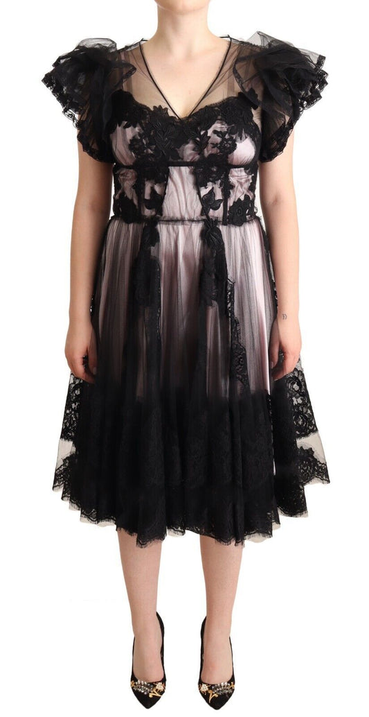 Dolce & Gabbana Schwarz-rosa geblümte Spitze A-Linie Midi Kleid durchsichtig