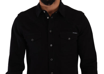 Dolce & Gabbana Schwarzes Slim Cotton Denim Stretch Hemd