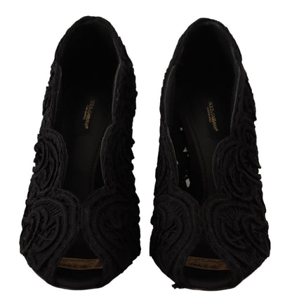 Dolce & Gabbana Schwarze Cordonetto Ricamo Pumps Offene Zehen Schuhe