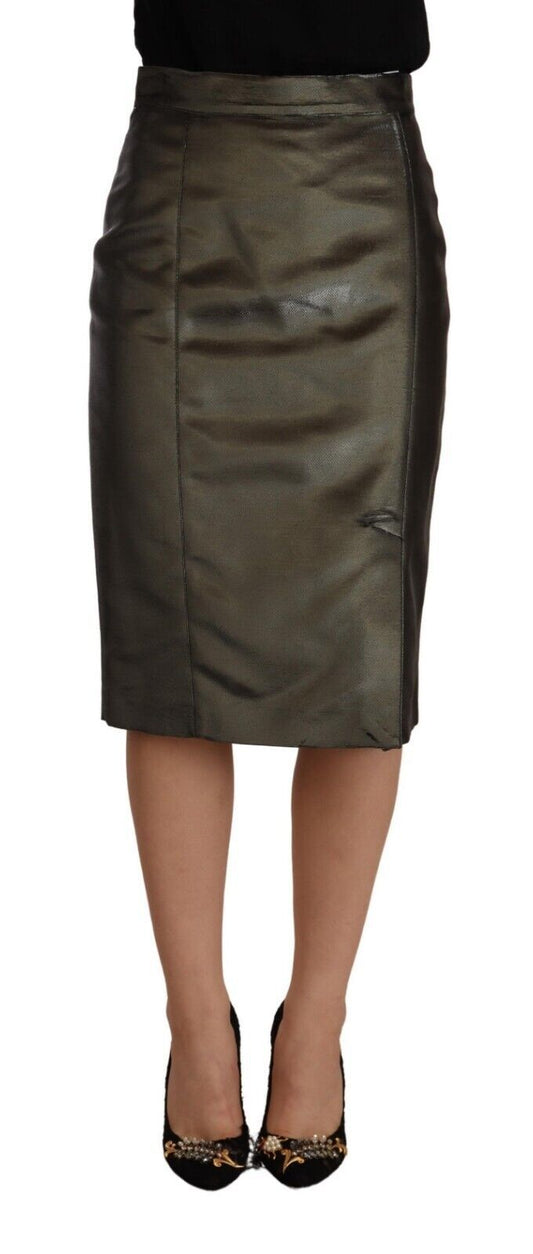 GF Ferre Metallisch grauer Bleistift-Midi-Rock mit hoher Taille