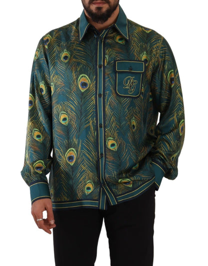 Dolce & Gabbana Pfauenfeder Print Seidenpyjama Herrenhemd
